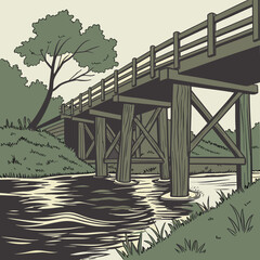 Vector art of a scenic view of a wooden bridge over a calm river, surrounded by lush greenery and trees, creating a peaceful and serene natural landscape