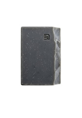 Dark Gray Bar Soap with Logo on White Background.