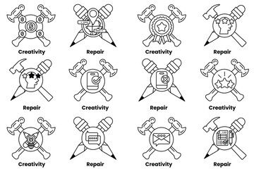 A set of symbols that represent various concepts such as creativity, repair