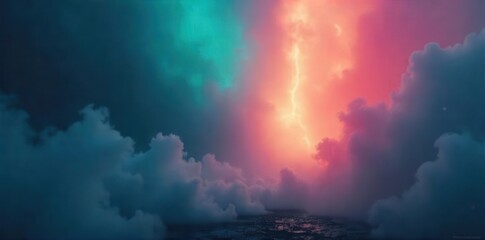 Obraz premium Colorful rays cut through dense fog, highlighting product debut , illumination, arrival