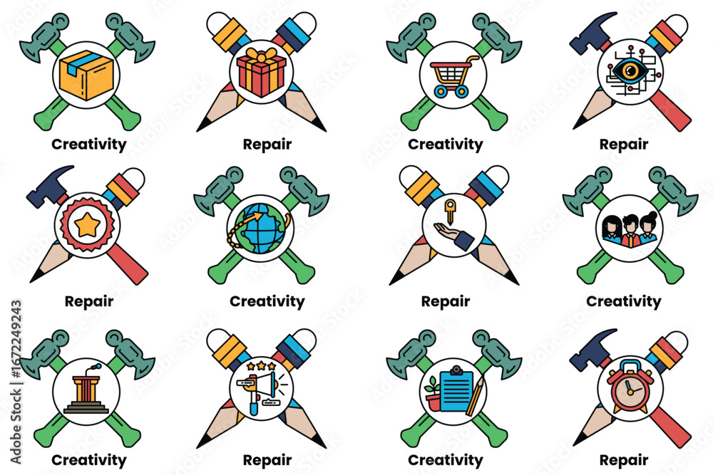 Poster a set of tools, including hammers and scissors, with various symbols