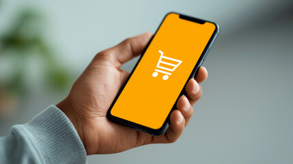 Hand holding smartphone with shopping cart icon on yellow screen.
