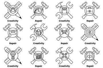 A set of tools and a variety of symbols, including a hammer, a screwdriver