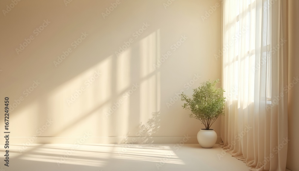 Poster minimalist beige interior featuring soft light and shadow play from window curtains on a wall. light