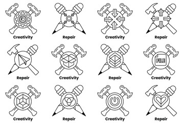 A set of symbols that represent various concepts such as creativity, repair