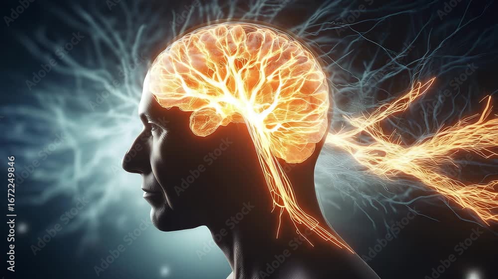 Poster human brain activity and neural connections concept, representing cognitive functions and creativity