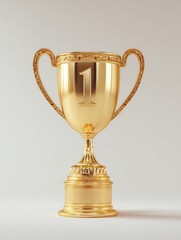 golden trophy placed on number one podium white background minimal scene with soft shadows award ceremony concept