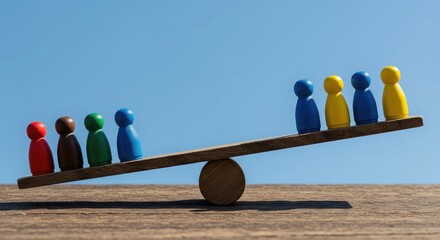 Colorful pawn figures on a wooden seesaw illustrate imbalance and inequality, highlighting disparities in society or business with a clear blue sky backdrop