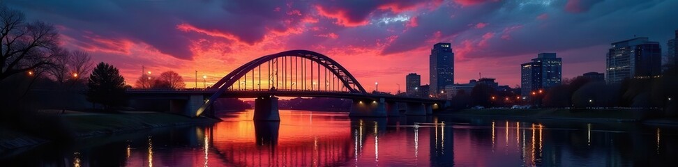 Naklejka premium Dramatic dusk light paints Minneapolis sky, Stone Arch Bridge dark against it , silhouette, shadow
