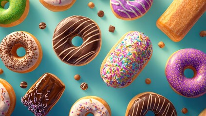 Assorted donuts and pastries on a light teal background.  Colorful glazed, sprinkled, and chocolate-covered treats