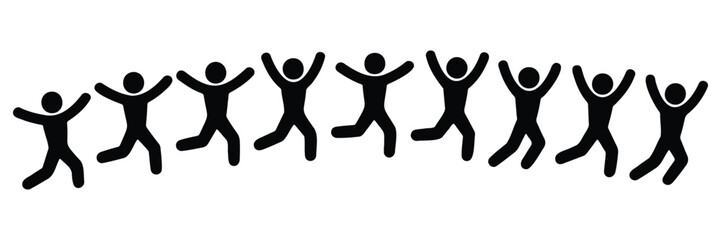 Group of stick figures jumping and celebrating together, joyful and energetic line formation, vector illustration set, teamwork and party action icons, playful design elements