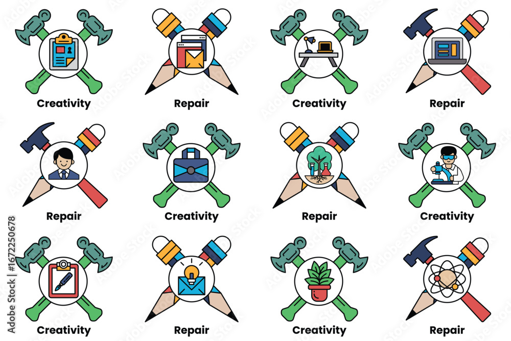 Poster a set of 12 different symbols, each representing a different concept or idea