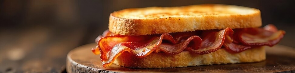 A perfectly crispy bacon sandwich, overflowing with juicy bacon rashers and nestled between toasted bread The ideal breakfast or quick lunch Ready to eat , meal, instafood, comfort