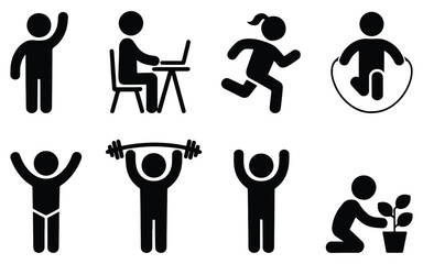Pictogram icons showing various activities, including working, exercising and gardening, vector illustration set, lifestyle and hobby symbols, daily routine design elements