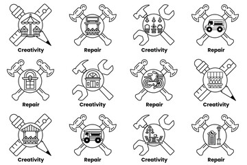 The image is a collection of various tools and equipment, including hammers