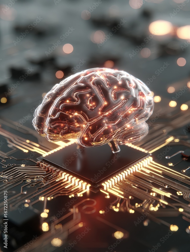 Poster artificial intelligence brain with circuit board and data visualization