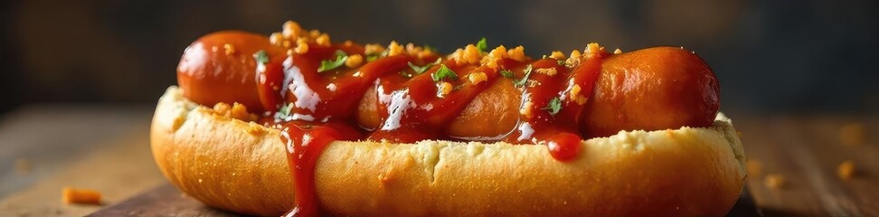 A perfectly grilled hot dog, glistening with barbecue sauce, nestled in a toasted bun Ready to be devoured! The ultimate summer snack , delicious, hot dog