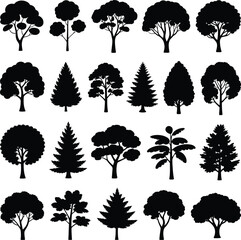 Tree silhouette icon set with diverse foliage styles for landscape design, botanical education, and nature-themed graphics