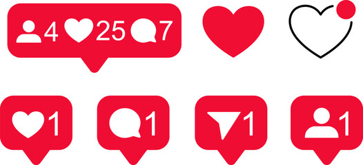 Social media likes and comments vector icon set, interaction symbols, followers and notifications, and button icons for digital marketing
