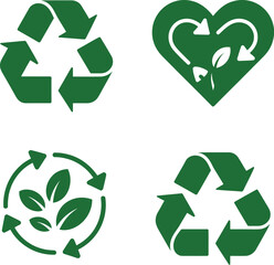 Green eco recycling icons with arrows, leaves, and heart symbols promoting sustainability and environmental care