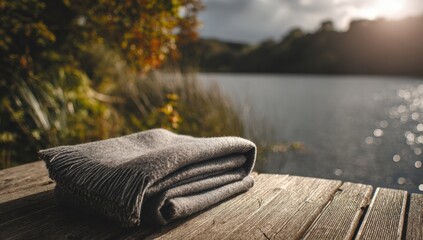 Gray wool blanket on a dock by a lake