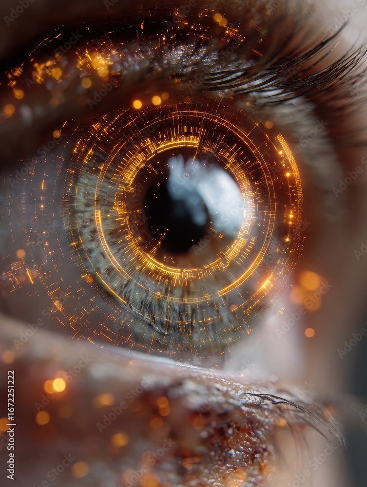 Poster close up of human eye with digital orange data visualization overlay on face representing futuristic