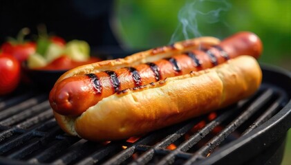 A perfectly grilled hot dog on a barbeque, slightly charred with grill marks, resting on a bun, next to various condiments Juicy, flavorful, and ready to eat , onions, charred, fast food