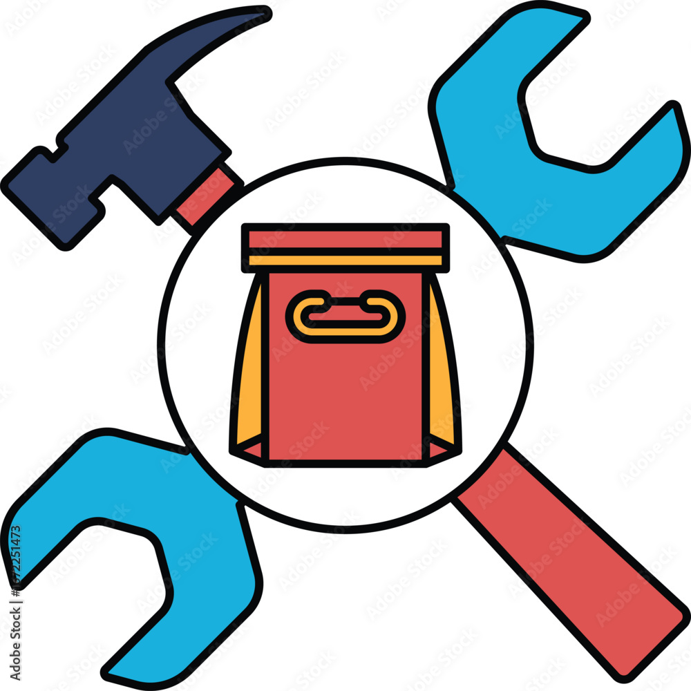Poster A hammer, wrench and a red bag with a handle