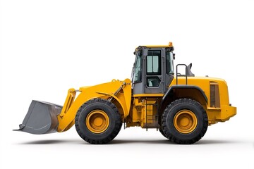 Fototapeta premium Side View of Construction Loader on White Backdrop for Infrastructure and Heavy Lifting Concepts