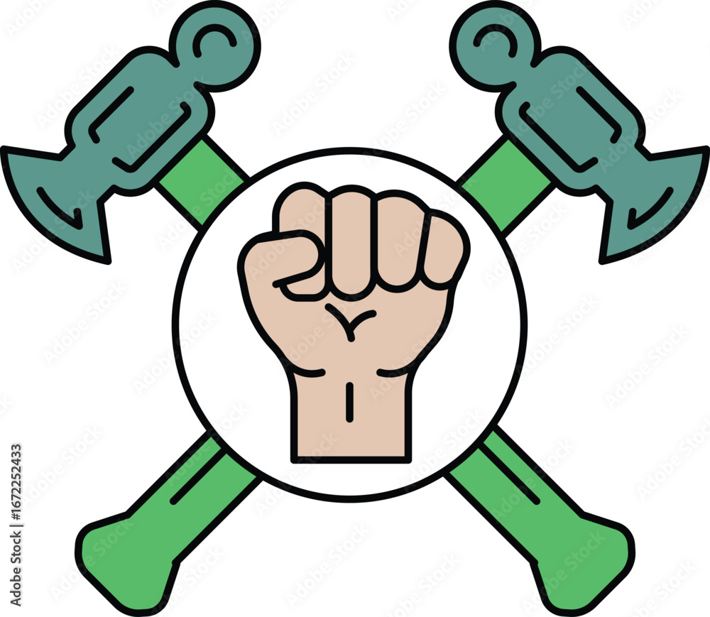 Poster a fist with a hammer and an anvil in the background