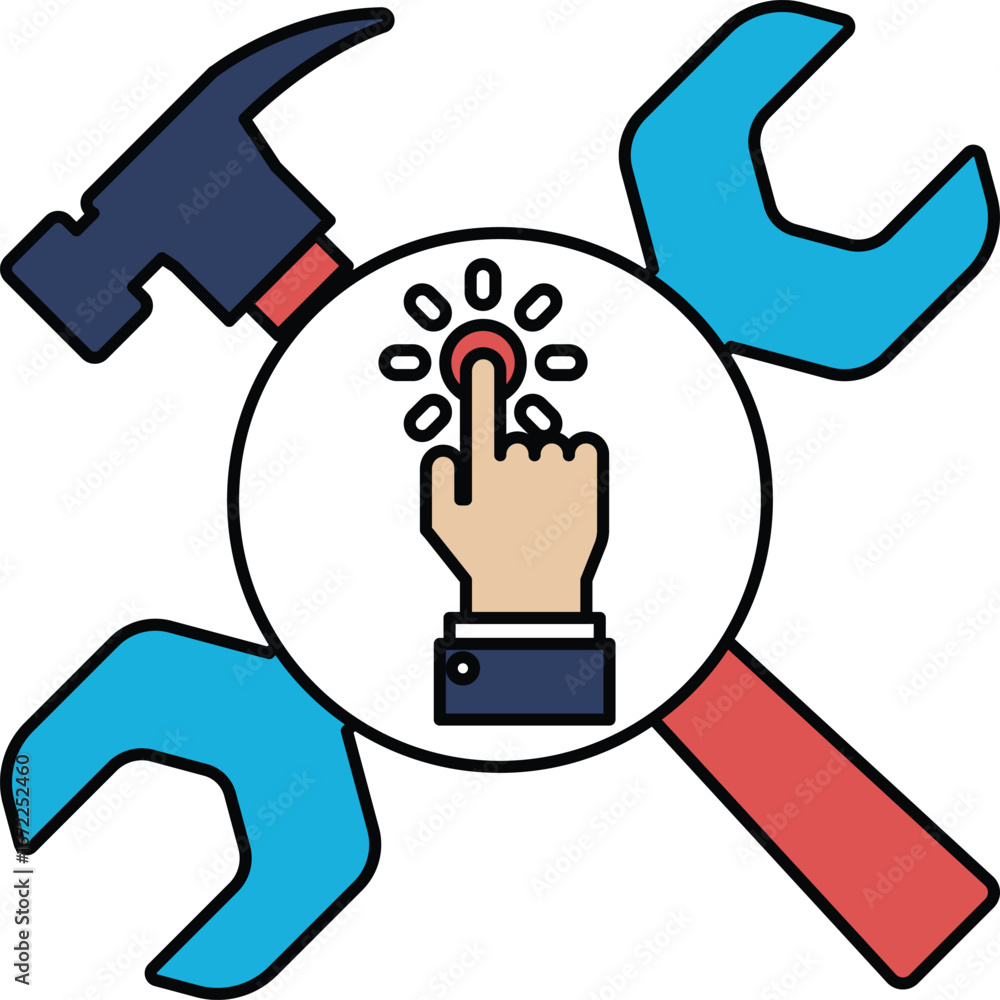 Poster a hammer and wrench are shown with a hand pointing to a button
