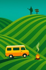 Camping trip on rolling hills with a vintage van and cozy campfire at dusk