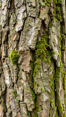 Obraz premium Tree bark close up with green moss growing in crevices, showing natural texture and earthy tones in organic pattern on rough surface of tree trunk