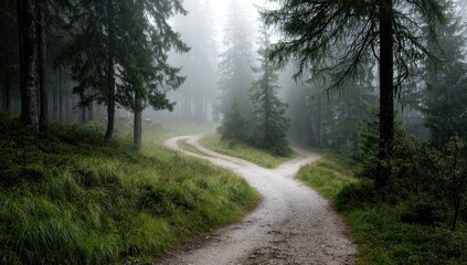 Fototapeta premium Foggy forest path forks
