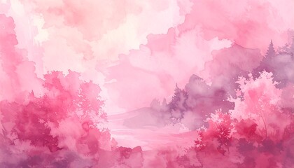 Fototapeta premium Pink Landscape Watercolor Painting Illustration of a Forest
