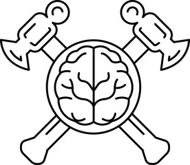 A skull with a hammer and an axe on either side