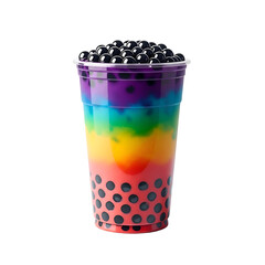Rainbow Bubble Tea with Tapioca Pearls on White Background.