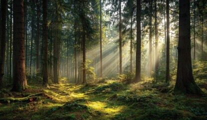 Sunlight streams through a dense forest (1)