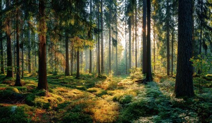 Obraz premium Sunlight streams through a dense forest