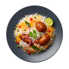 Delicious Chicken Biryani with Rice and Vegetables on Plate.