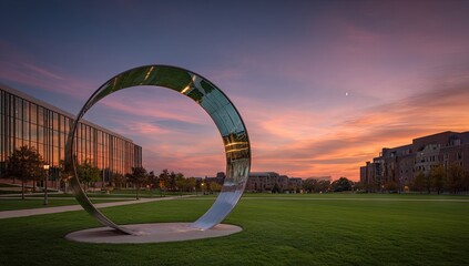 Metal ring sculpture in a field with buildings and a sunset