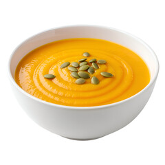 Creamy Pumpkin Soup with Pumpkin Seeds in White Bowl.