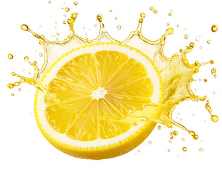  Fresh Lemon Slice with Dynamic Juice Splash Explosion, isolated transparent background png