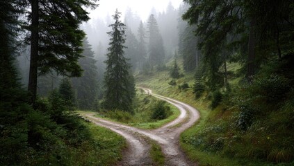 Misty forest road forks