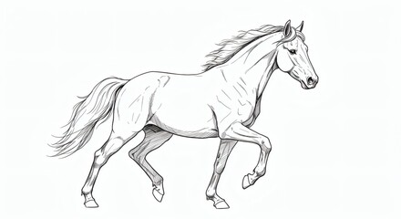 Elegant Black and White Horse Drawing Showcasing a Graceful Trotting Equine in a Classic Sketch Style