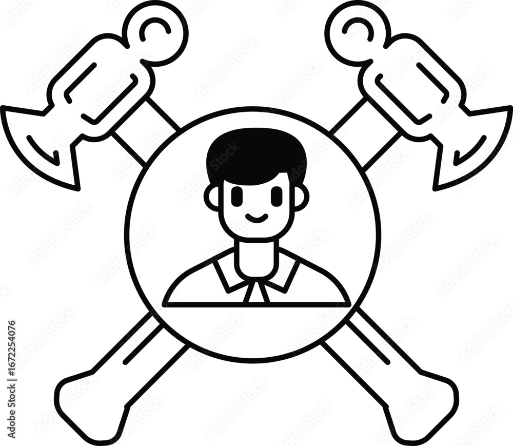 Poster a man is smiling in the middle of a cross with a hammer and an axe