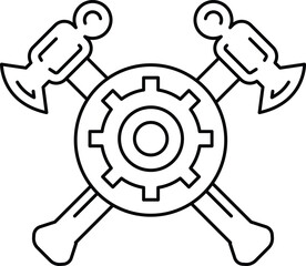 A black and white drawing of a hammer and an axe with a gear in the middle