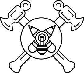 A black and white drawing of a hammer and an ax with a light bulb in the middle