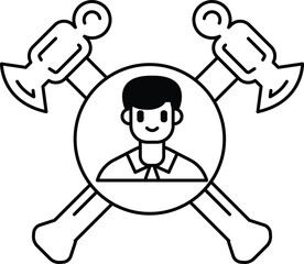 A man is smiling in the middle of a cross with a hammer and an axe