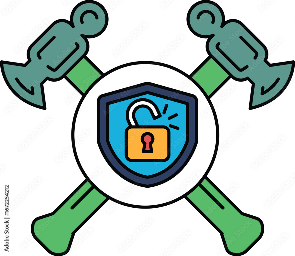 Poster a shield with a keyhole and a hammer on top of it